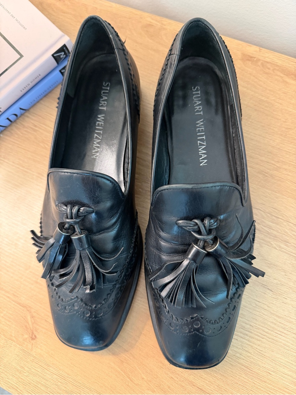 Stuart Weitzman Black Leather Tassel Loafers